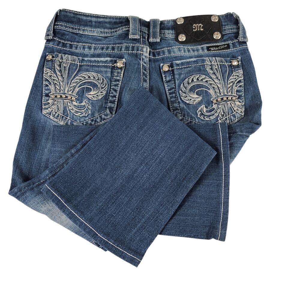 Miss Me Boot Cut Lightly Distressed Jeans Bling Fleur De Lis Pockets 25 x 27